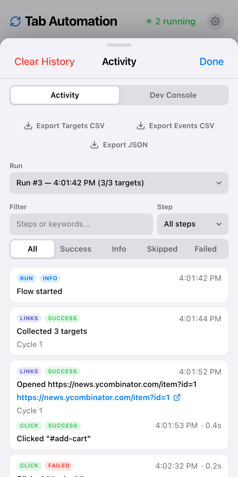 Activity sheet with a session timeline of Flow started, collected targets, opened URL, and click outcomes, plus a Step dropdown and status filters.