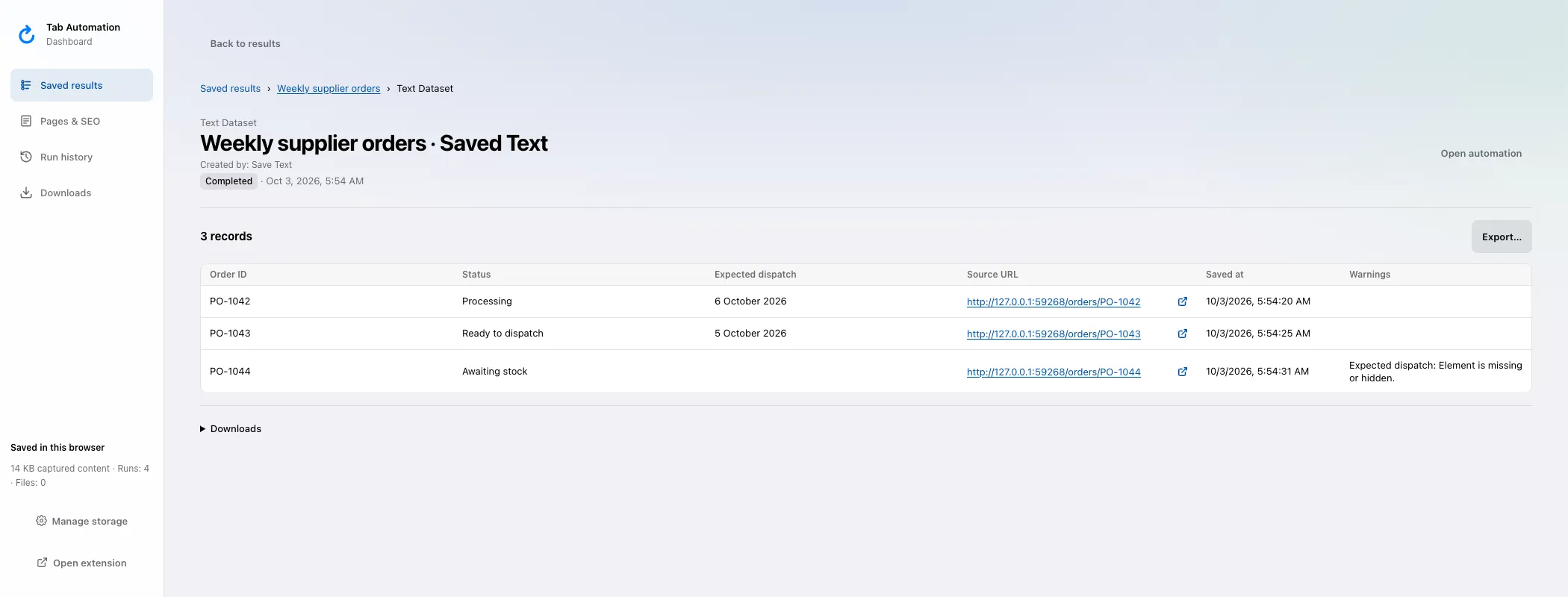 Actual Dashboard dataset with three demo supplier orders and a missing expected-dispatch field for PO-1044.