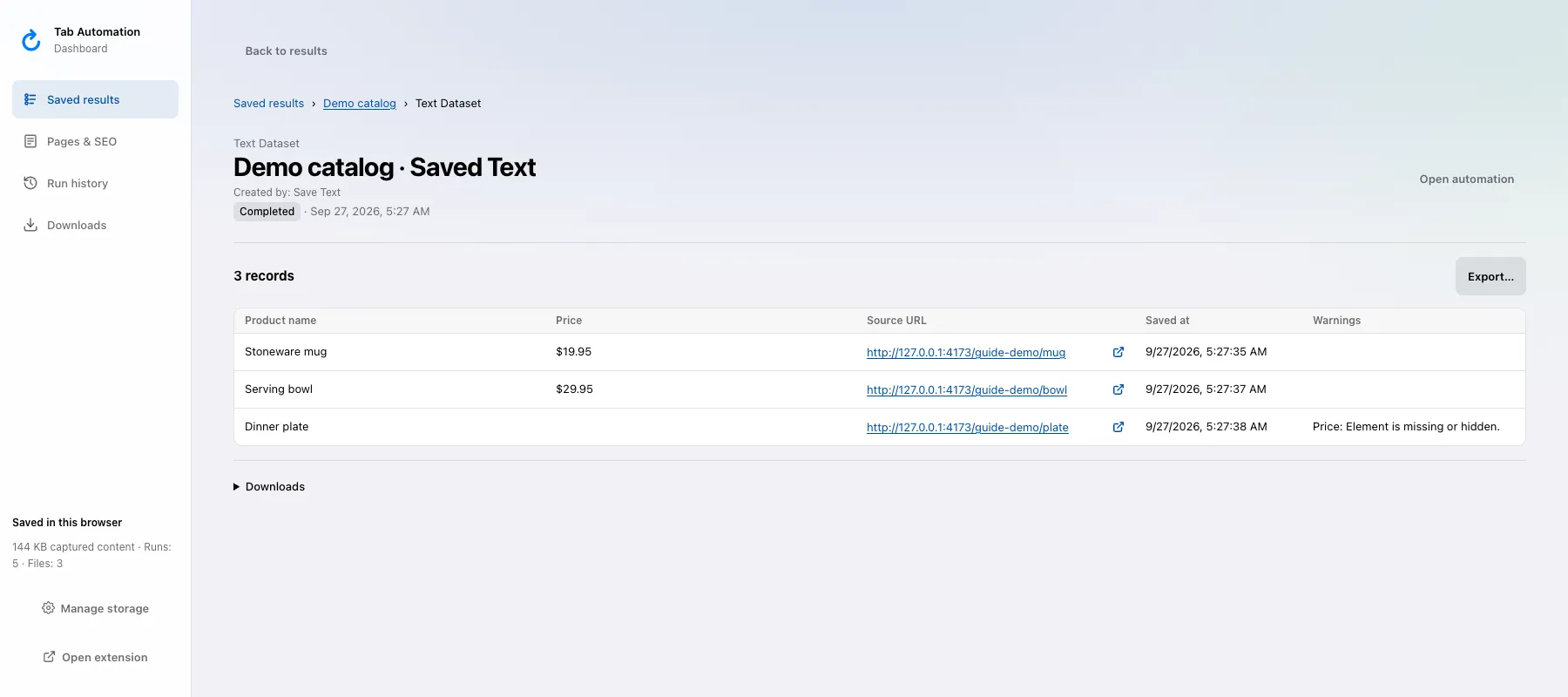Completed text dataset with three catalog products and a missing-price warning for the plate.