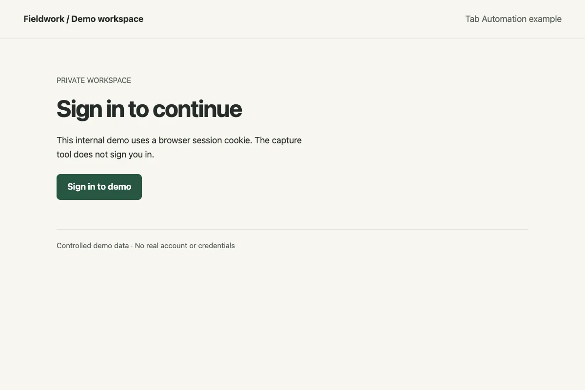 Successful screenshot export showing Sign in to continue after the demo session cookie was cleared.