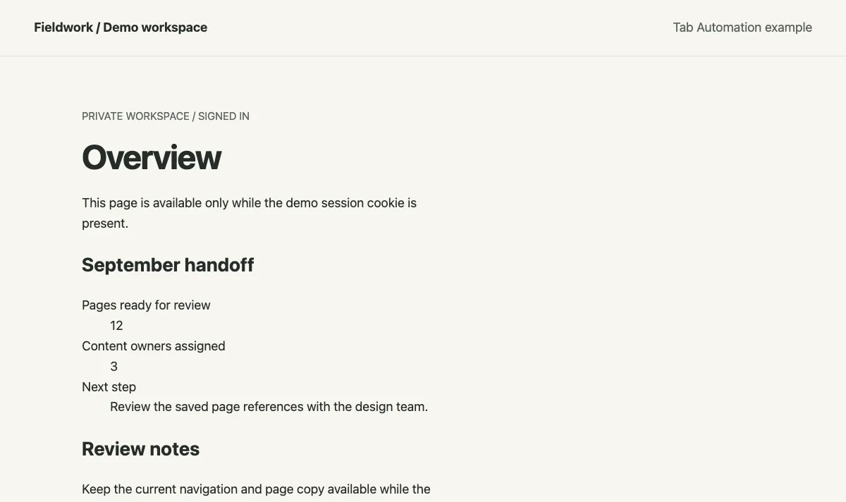 Exported viewport PNG of the signed-in Fieldwork demo workspace showing its Overview page.