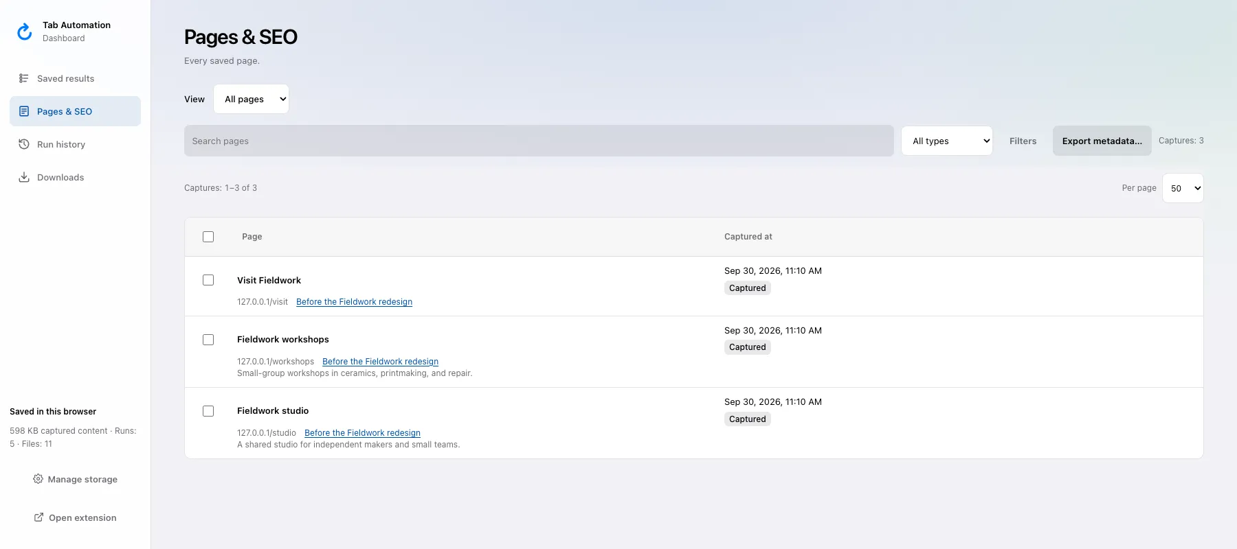 Pages and SEO inventory from the Fieldwork redesign run showing Studio, Workshops, and Visit page metadata.
