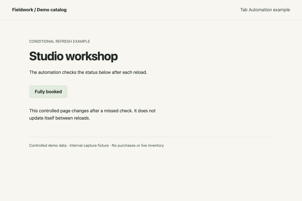 Controlled workshop page showing Fully booked before the match.