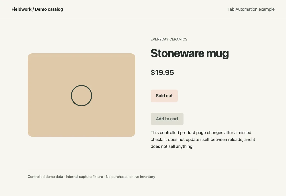 Controlled product page showing Sold out and a disabled Add to cart button.