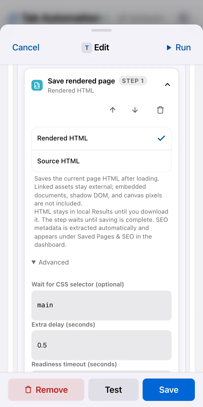 Save Page configured for Rendered HTML with the main selector, a short delay, and a readiness timeout.
