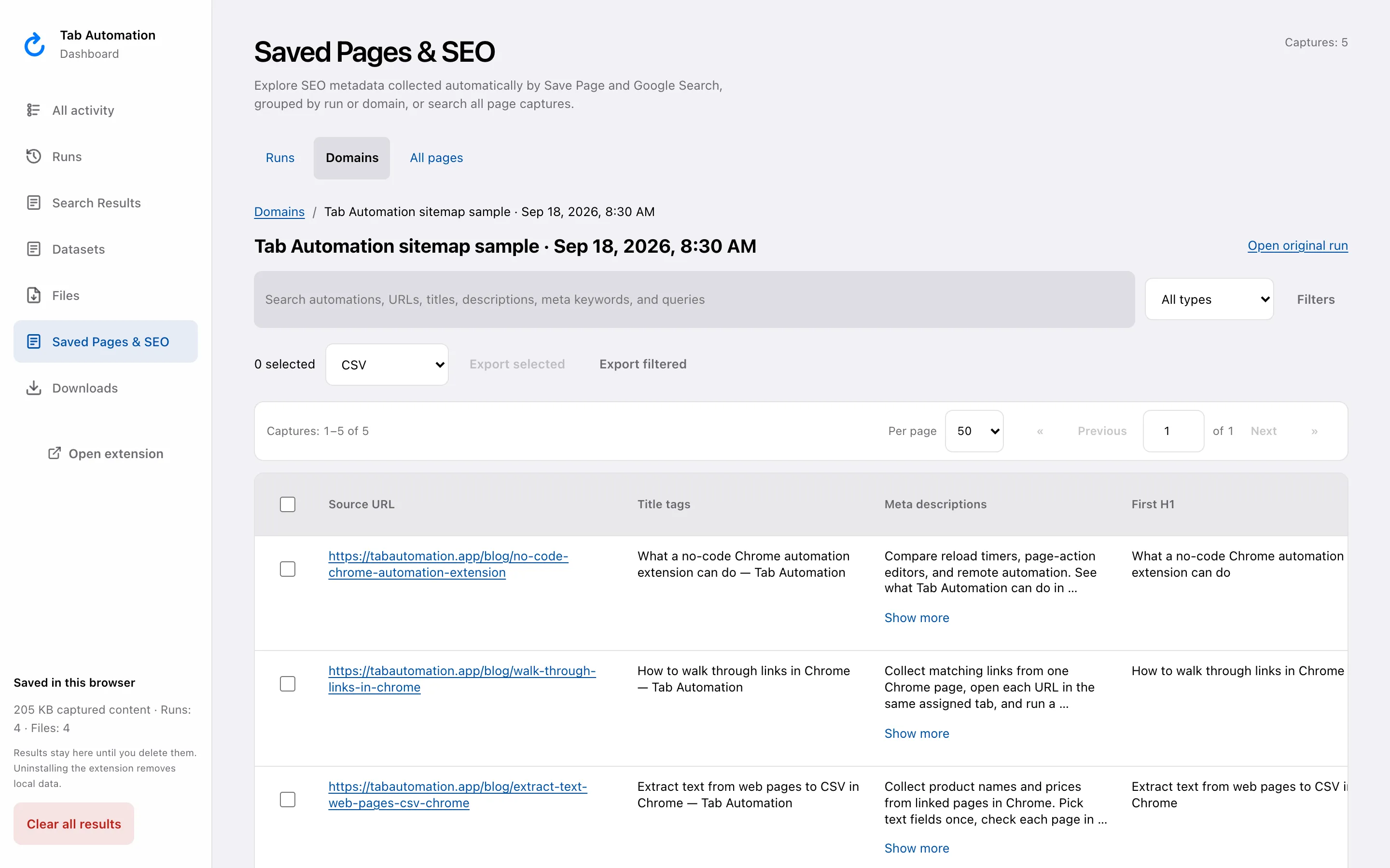 Saved Pages and SEO table containing five Tab Automation blog URLs with title tags, meta descriptions, and first H1 values.