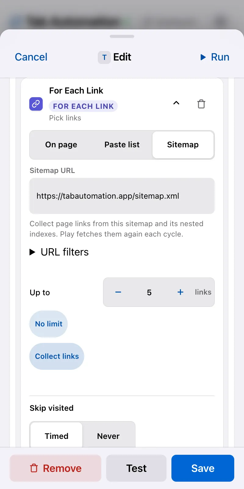 For Each Link configured with the Tab Automation XML sitemap and a five-link limit.