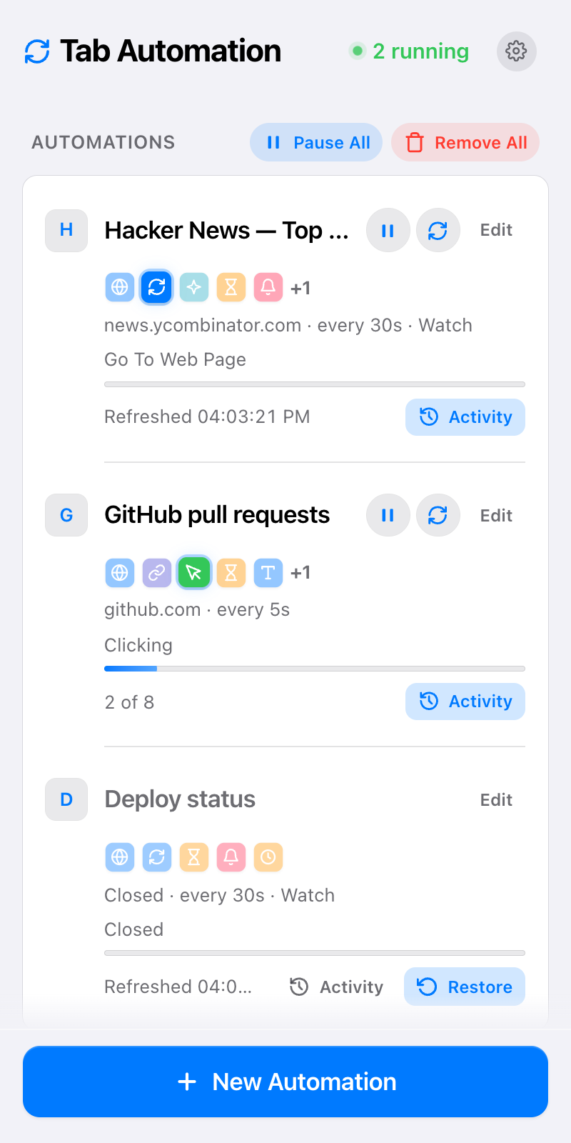 Side panel listing three automations: Hacker News with Refresh Page and Watch every 30 seconds, GitHub pull requests walking links, and a parked Deploy status job.