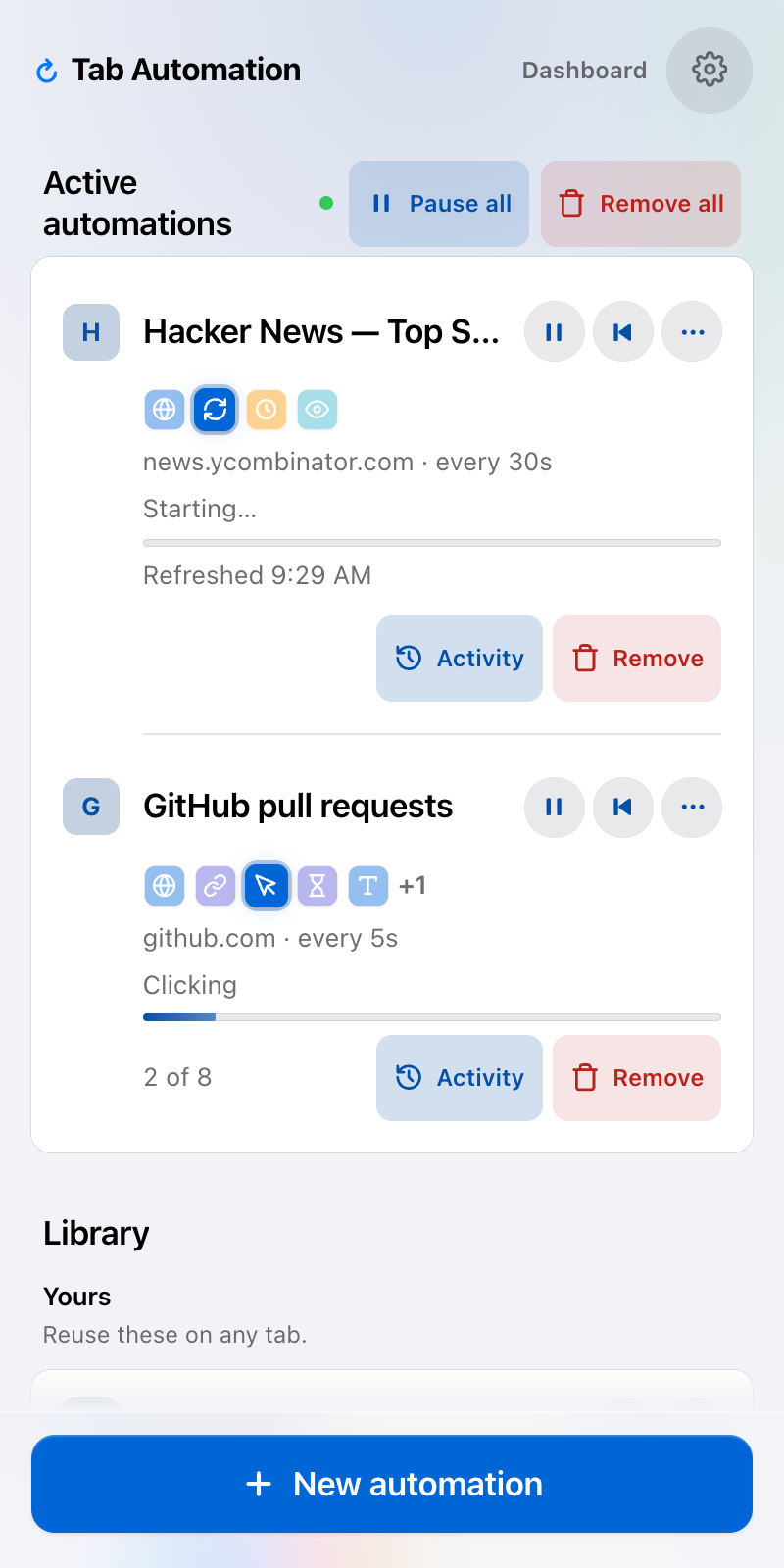 Side panel showing Hacker News and GitHub Active Jobs, Dashboard in the header, and the beginning of Library below.