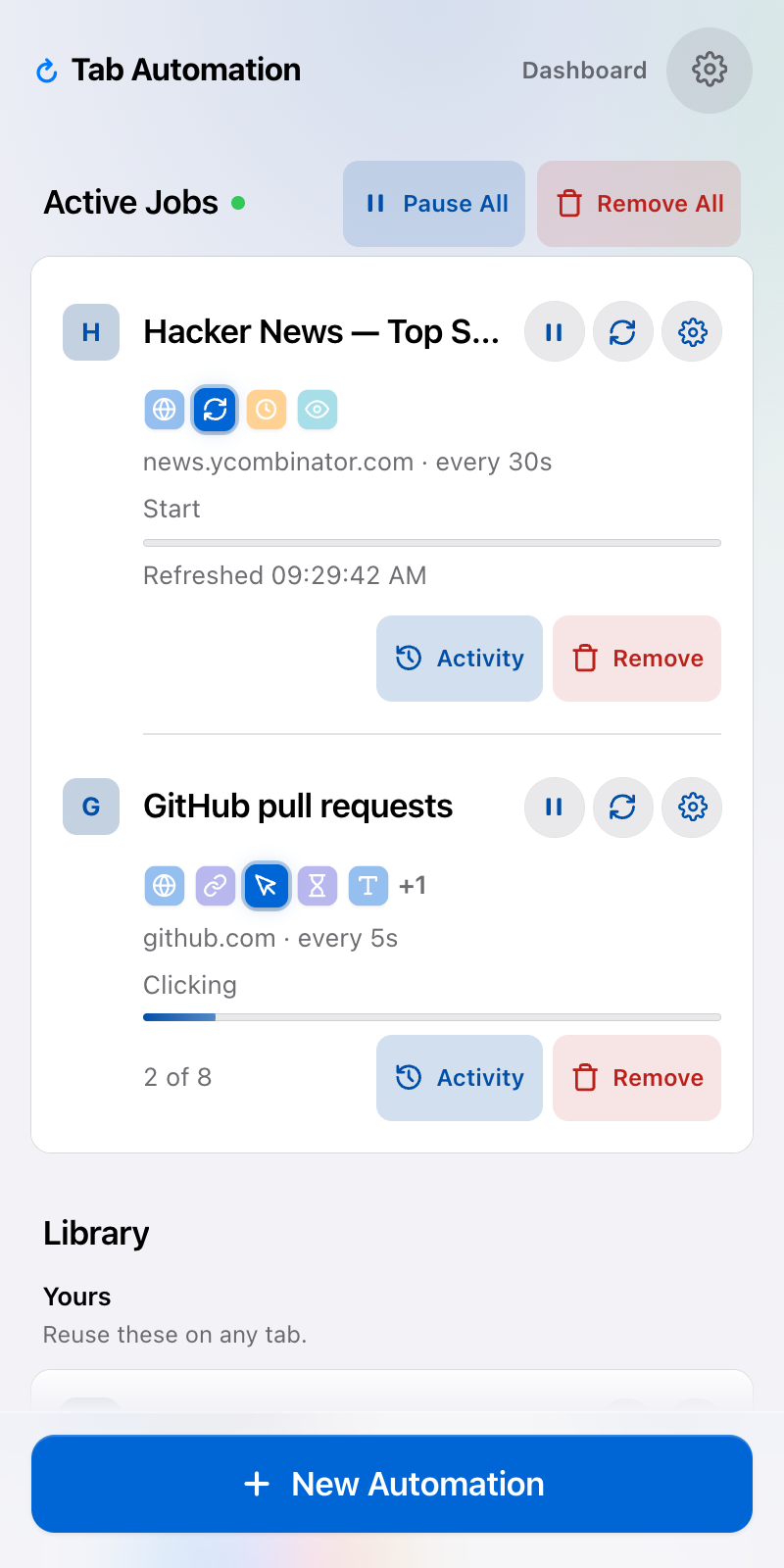 Side panel showing Hacker News and GitHub Active Jobs, Dashboard in the header, and the beginning of Library below.