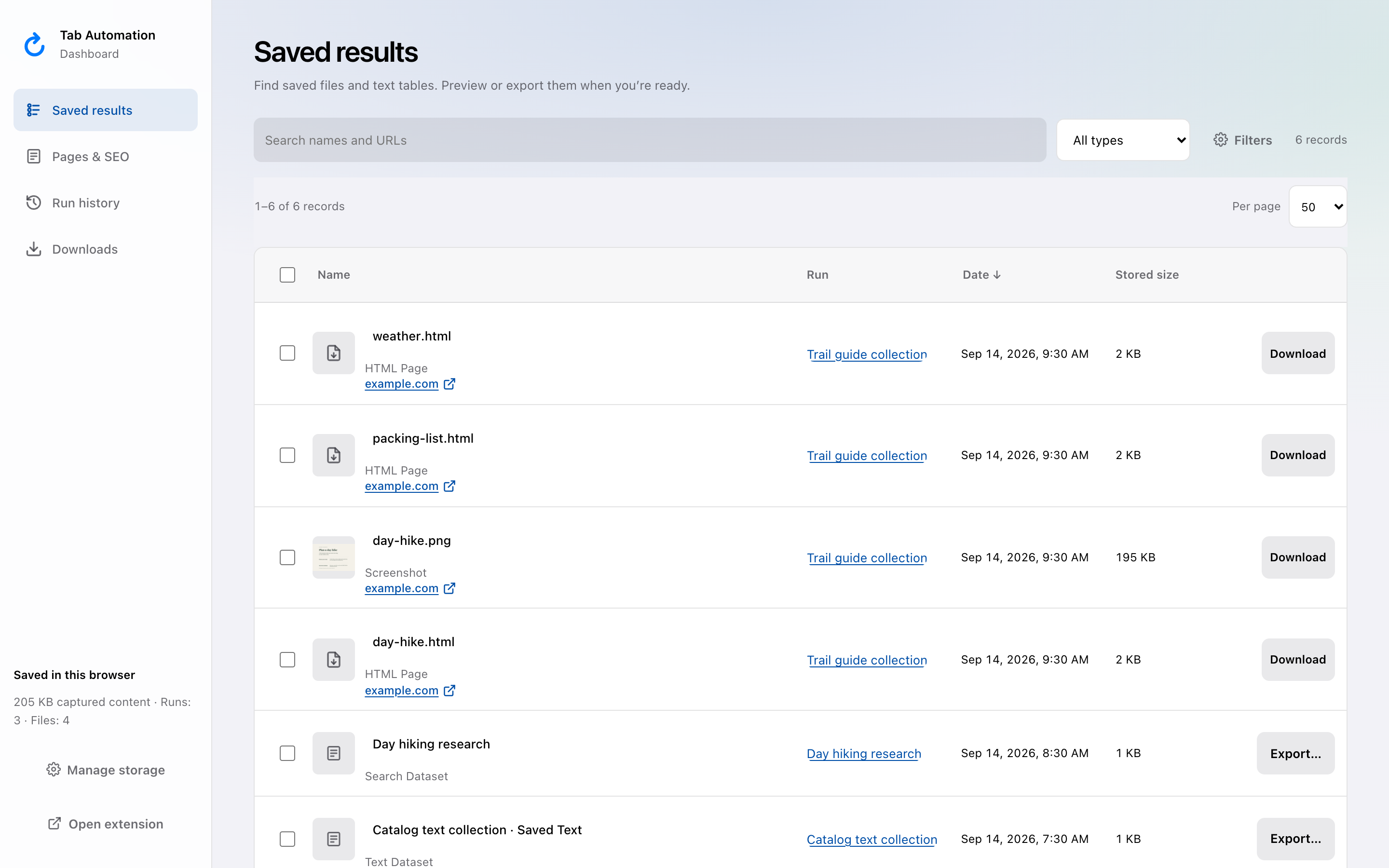 Saved results showing demo files and datasets with their originating runs.