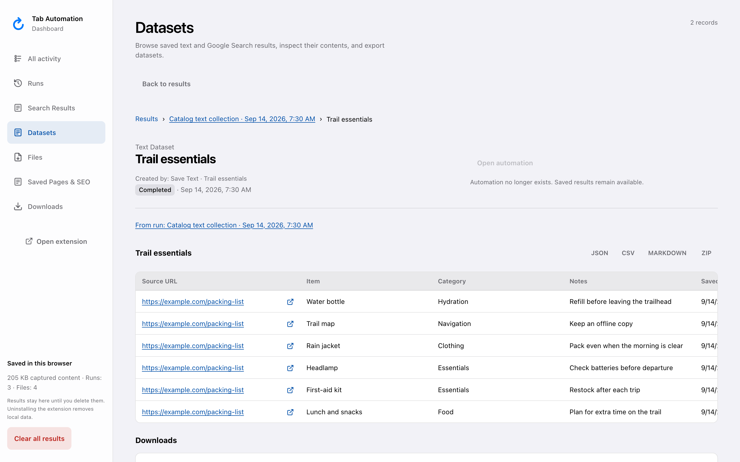 Trail essentials demo dataset with Item, Category, and Notes columns and export controls.