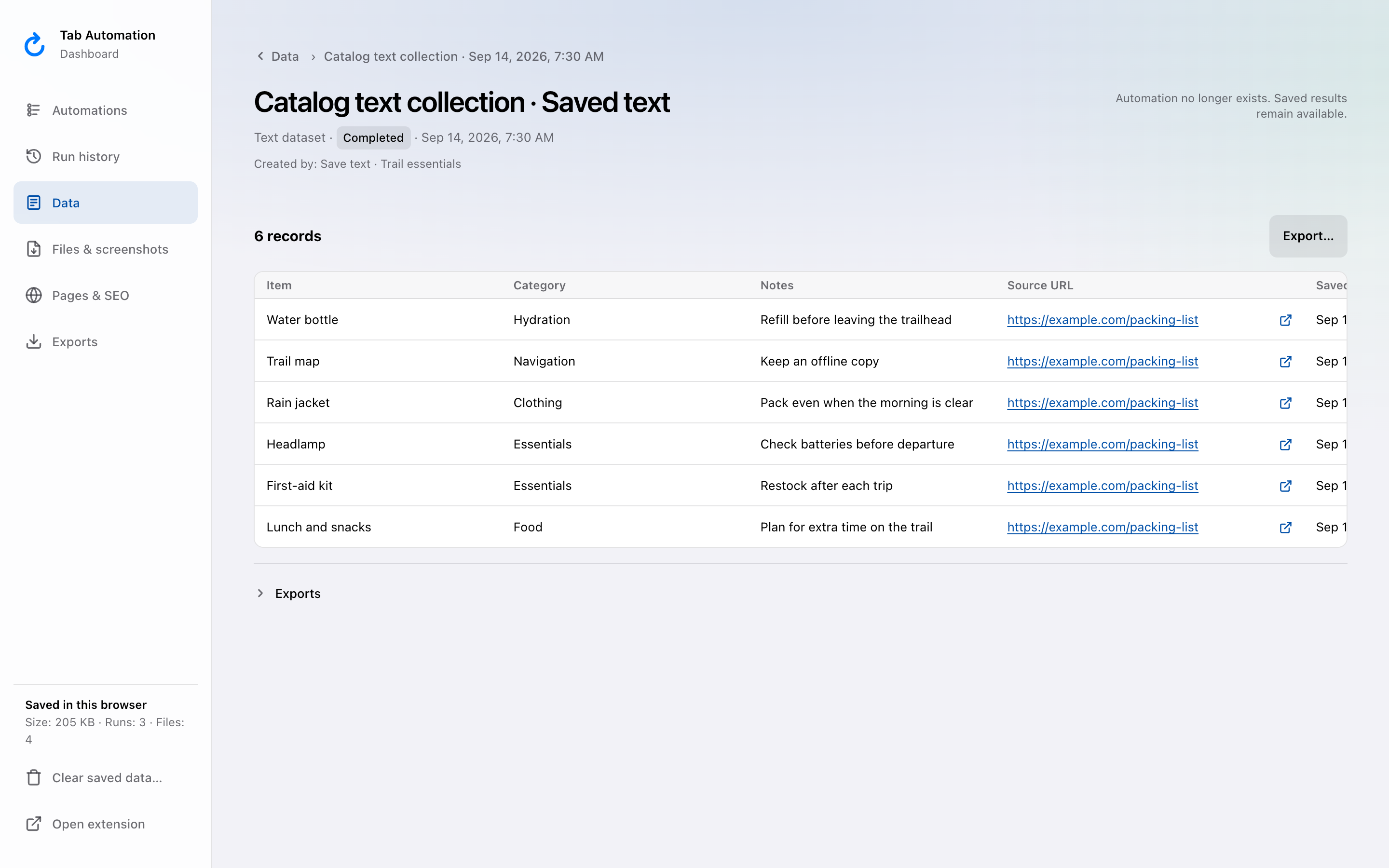 Trail essentials demo dataset with Item, Category, and Notes columns and export controls.