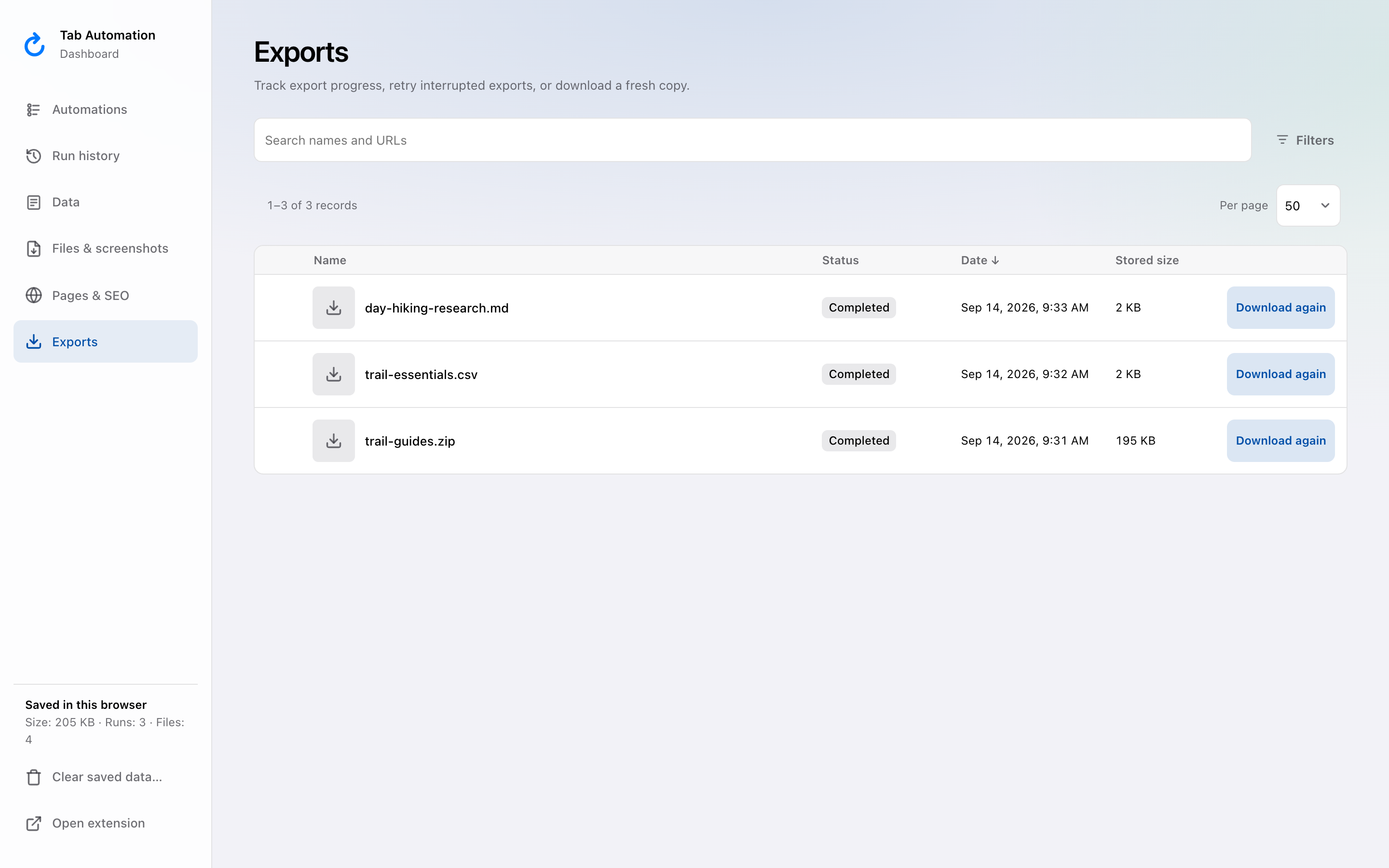 Dashboard Exports showing completed demo ZIP, CSV, and Markdown exports with Download again.