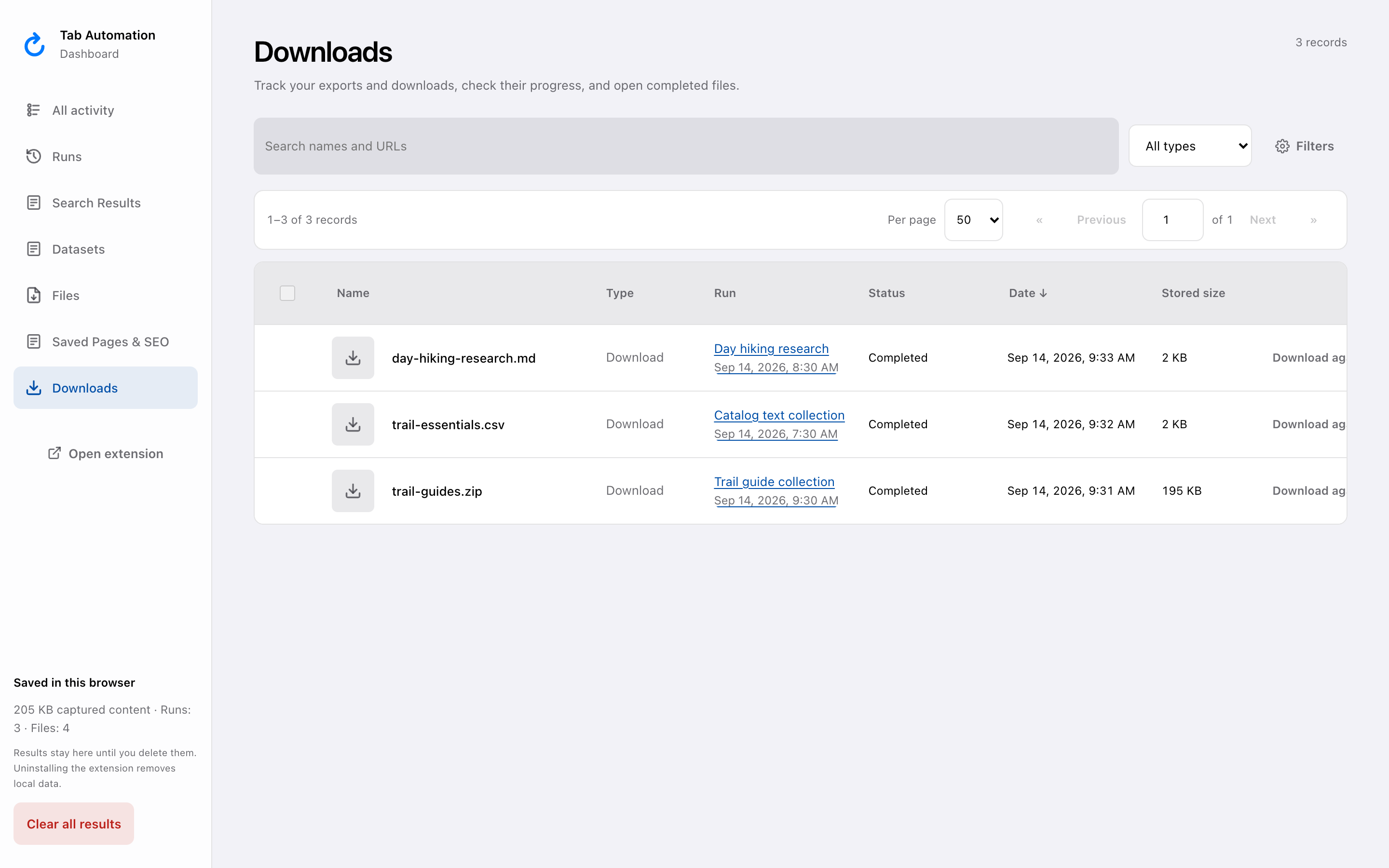 Dashboard Downloads showing completed demo ZIP, CSV, and Markdown export operations.