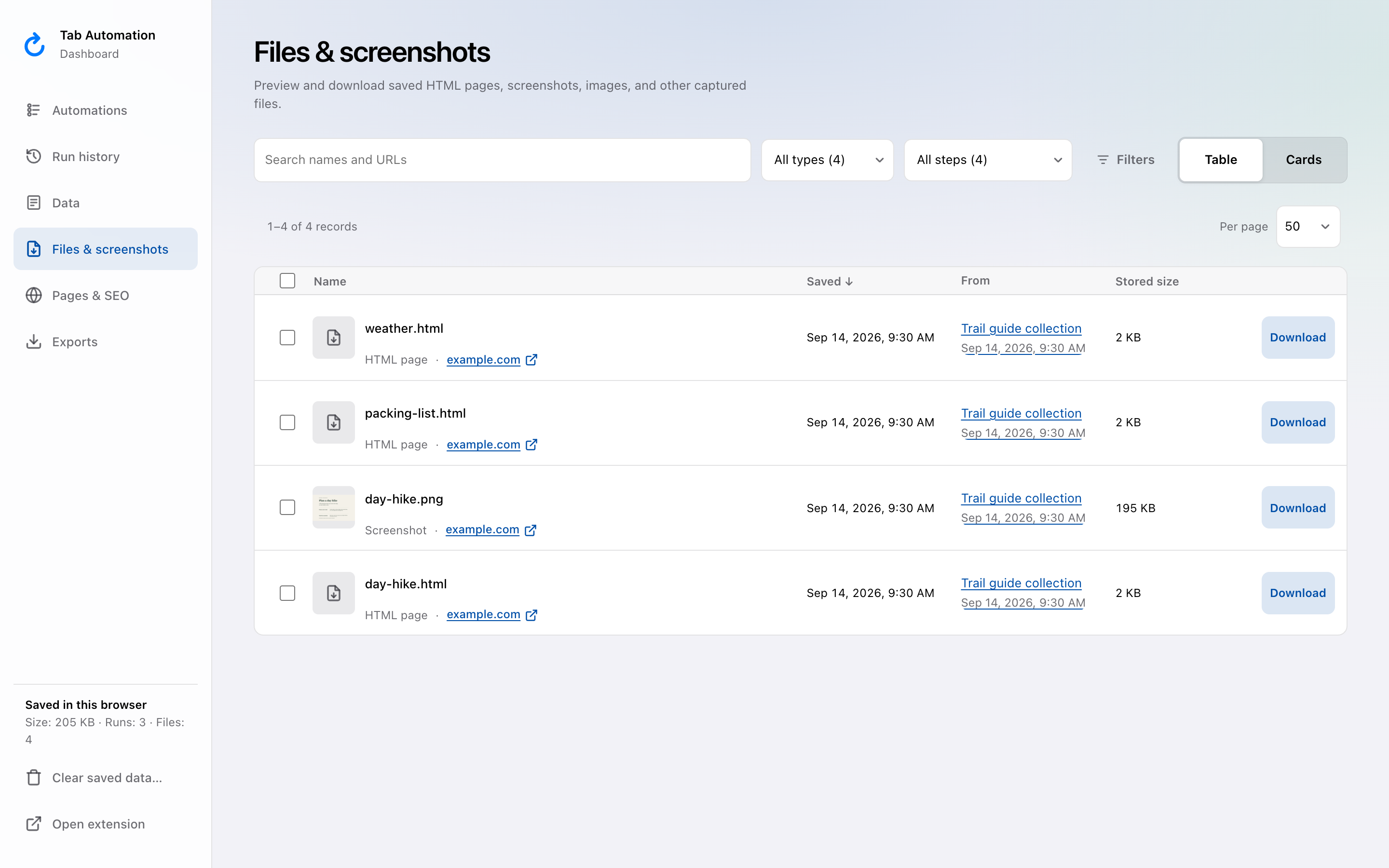 Dashboard Files & screenshots showing three demo HTML captures and a trail-guide screenshot, each with its originating run.