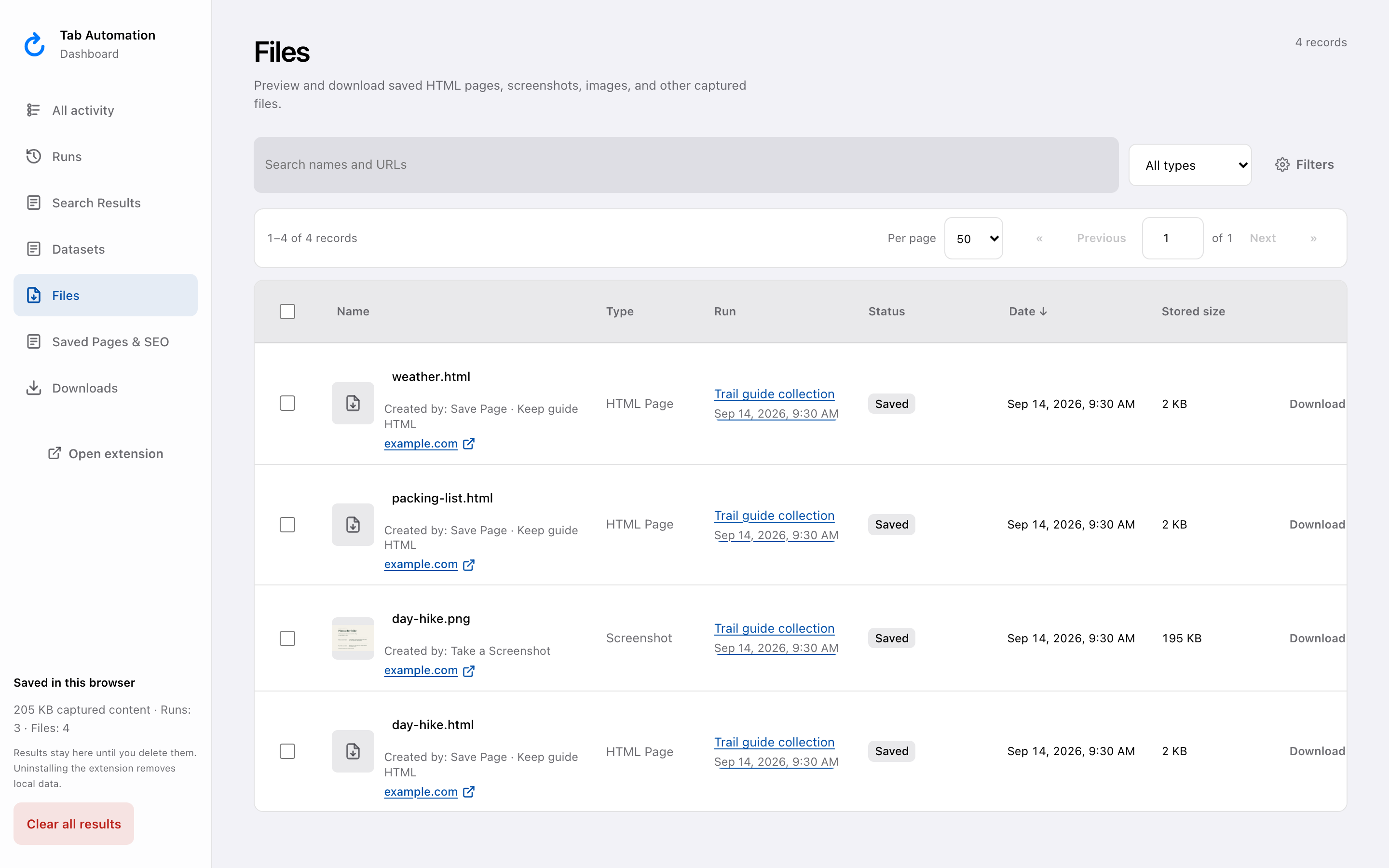 Dashboard Files showing three demo HTML captures and a trail-guide screenshot with an image preview.