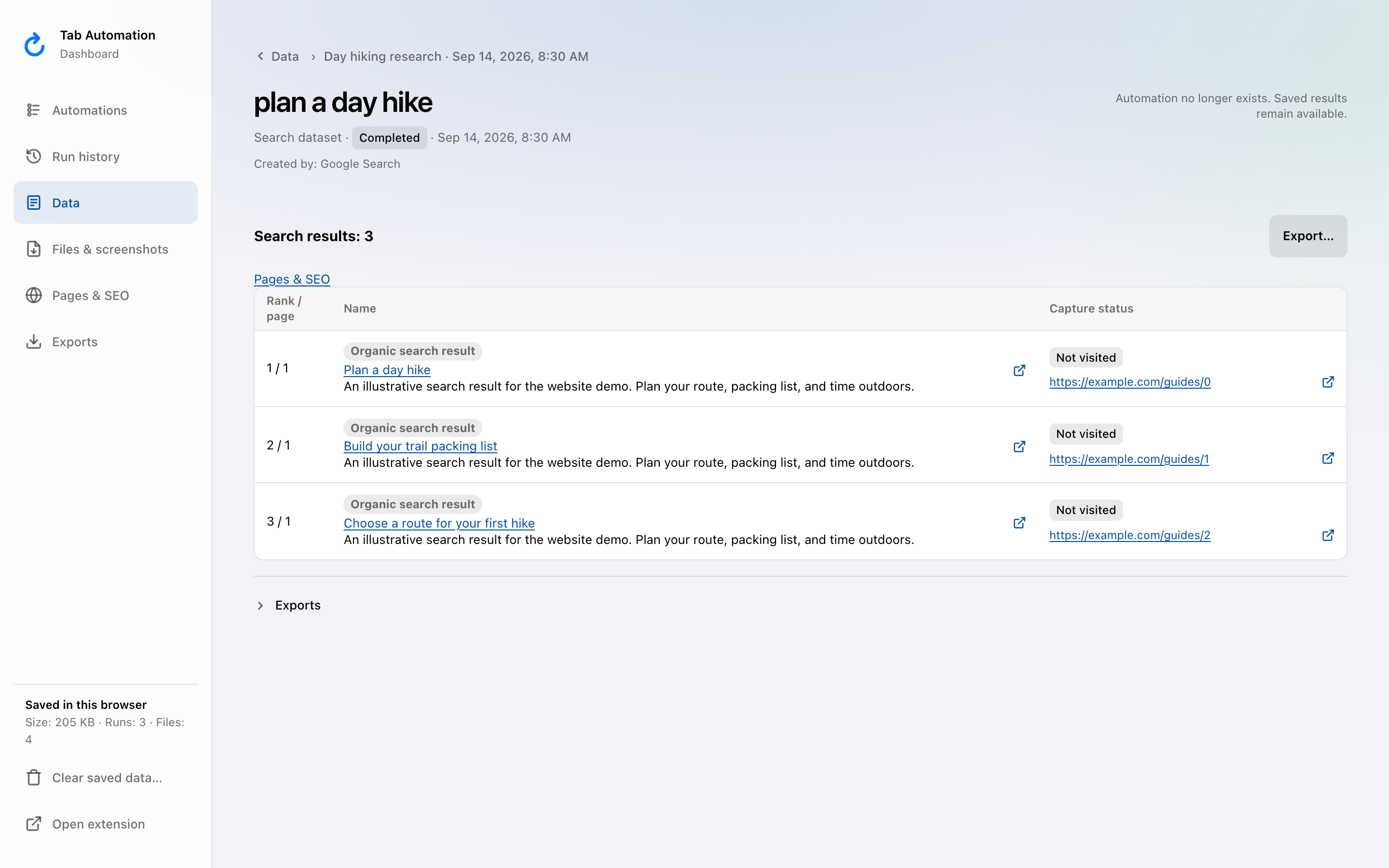 Google Search dataset for the illustrative query plan a day hike, with ranked demo organic results.
