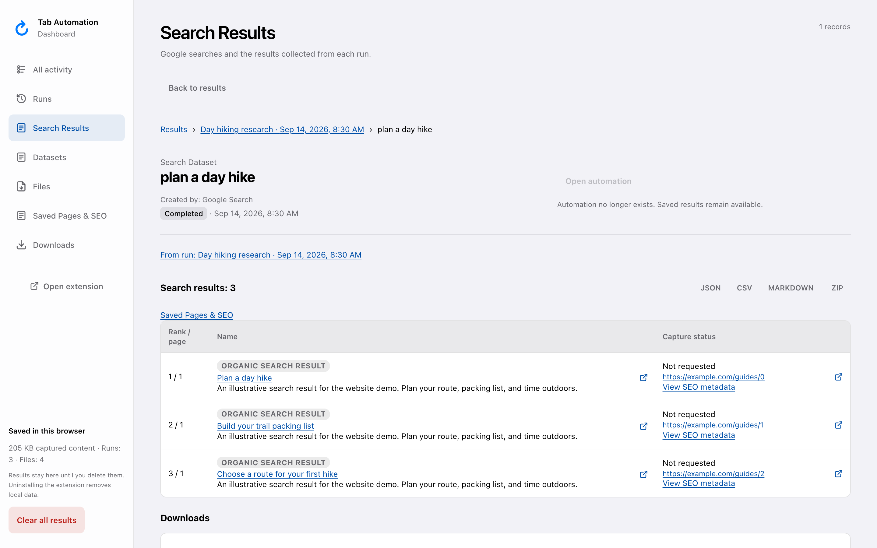Google Search dataset for the illustrative query plan a day hike, with ranked demo organic results.