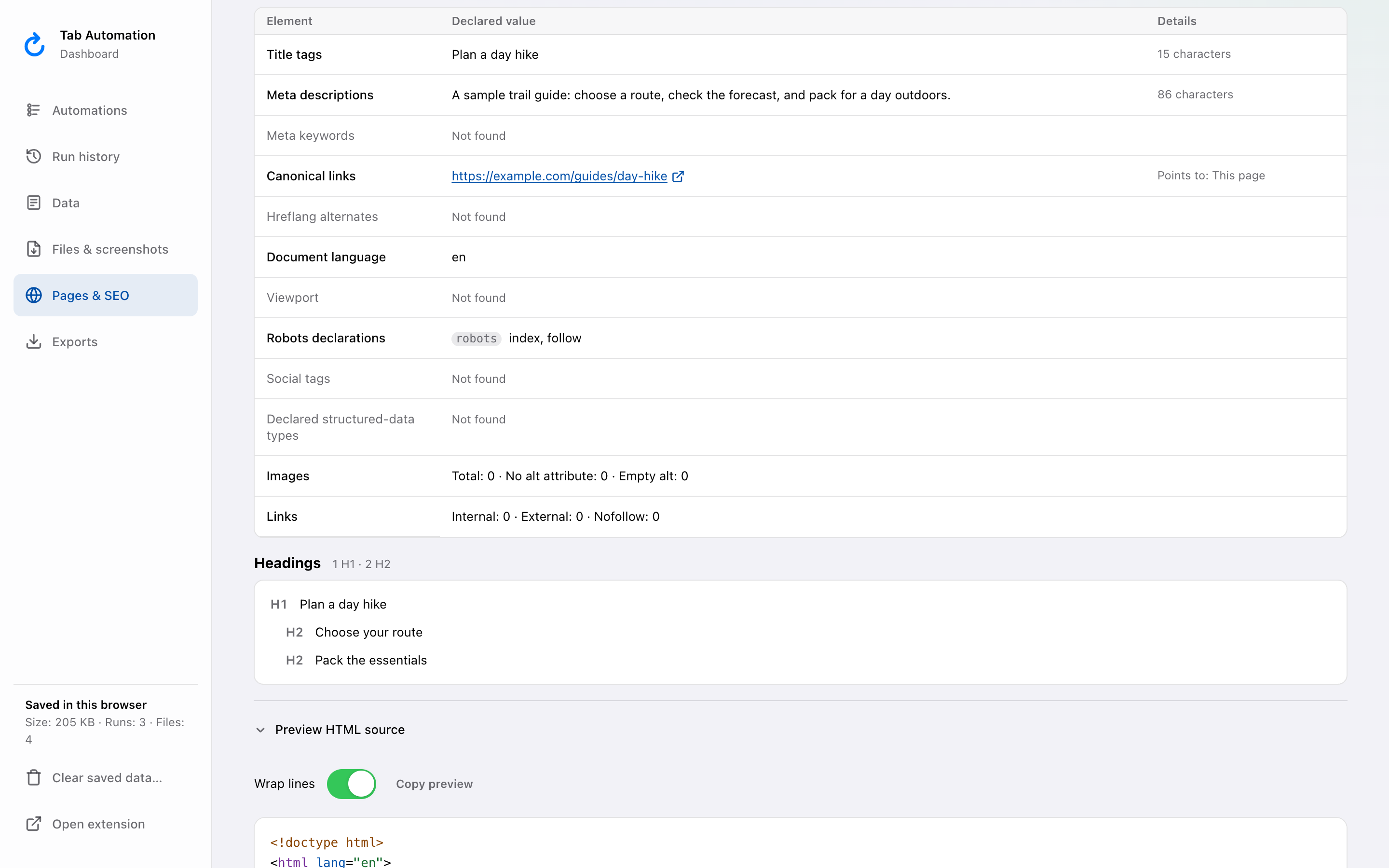 Saved page metadata for Plan a day hike, with Preview HTML source expanded.