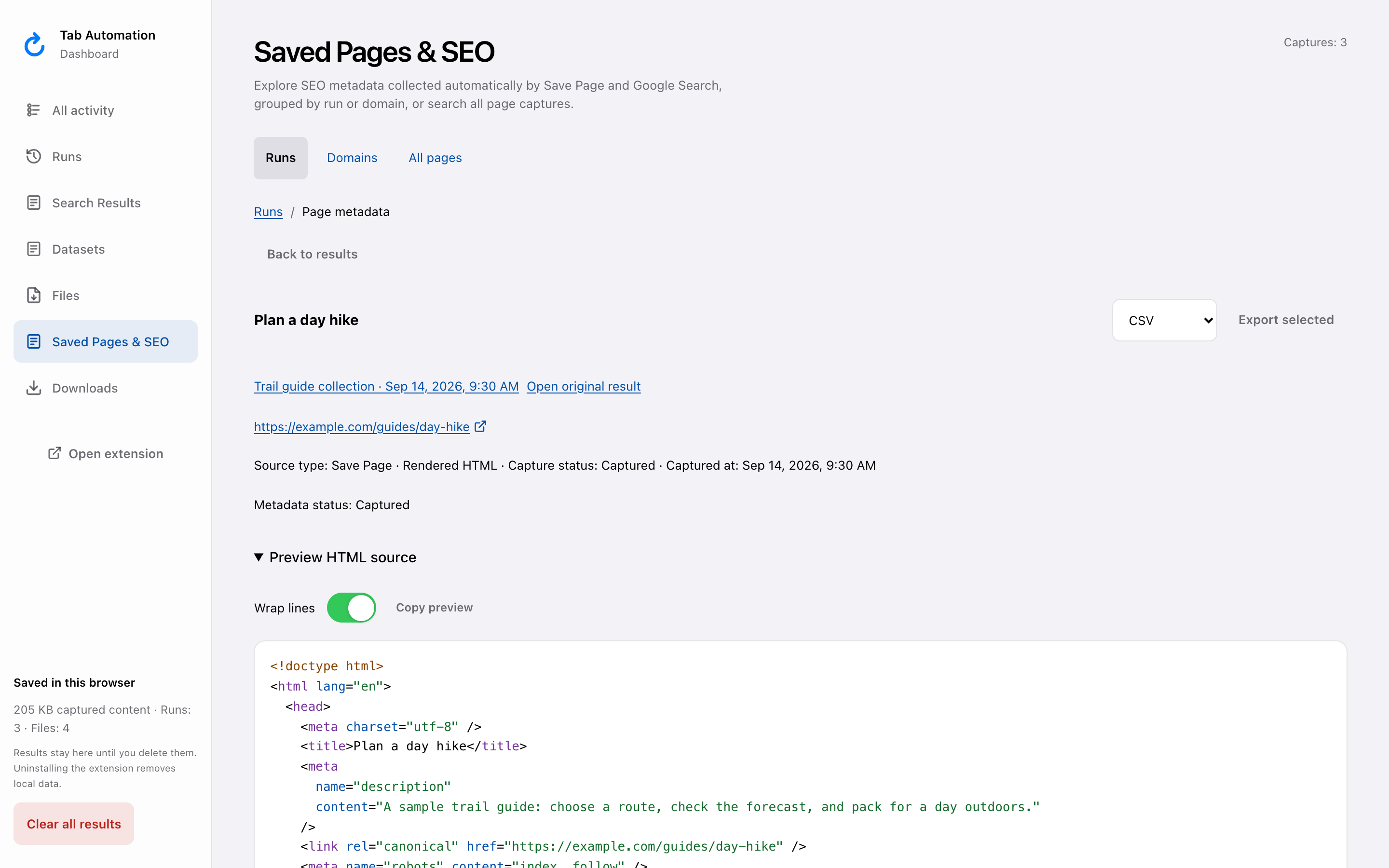 Saved page metadata for Plan a day hike, with Preview HTML source expanded.