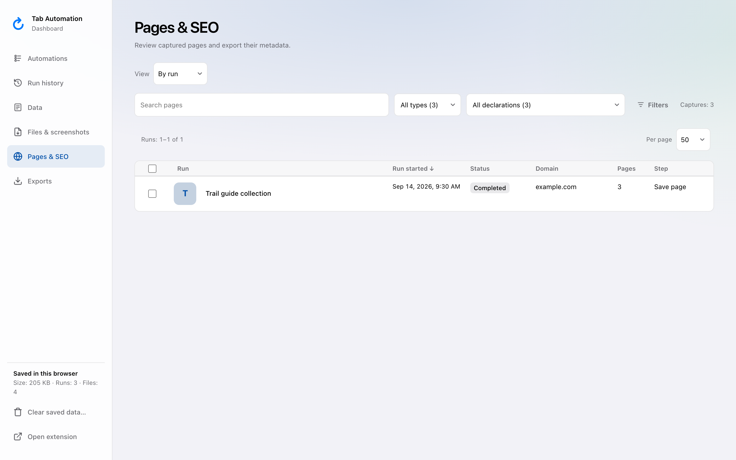 Pages and SEO in the By run view, showing the Trail guide collection run with three captured pages from example.com saved by Save page.
