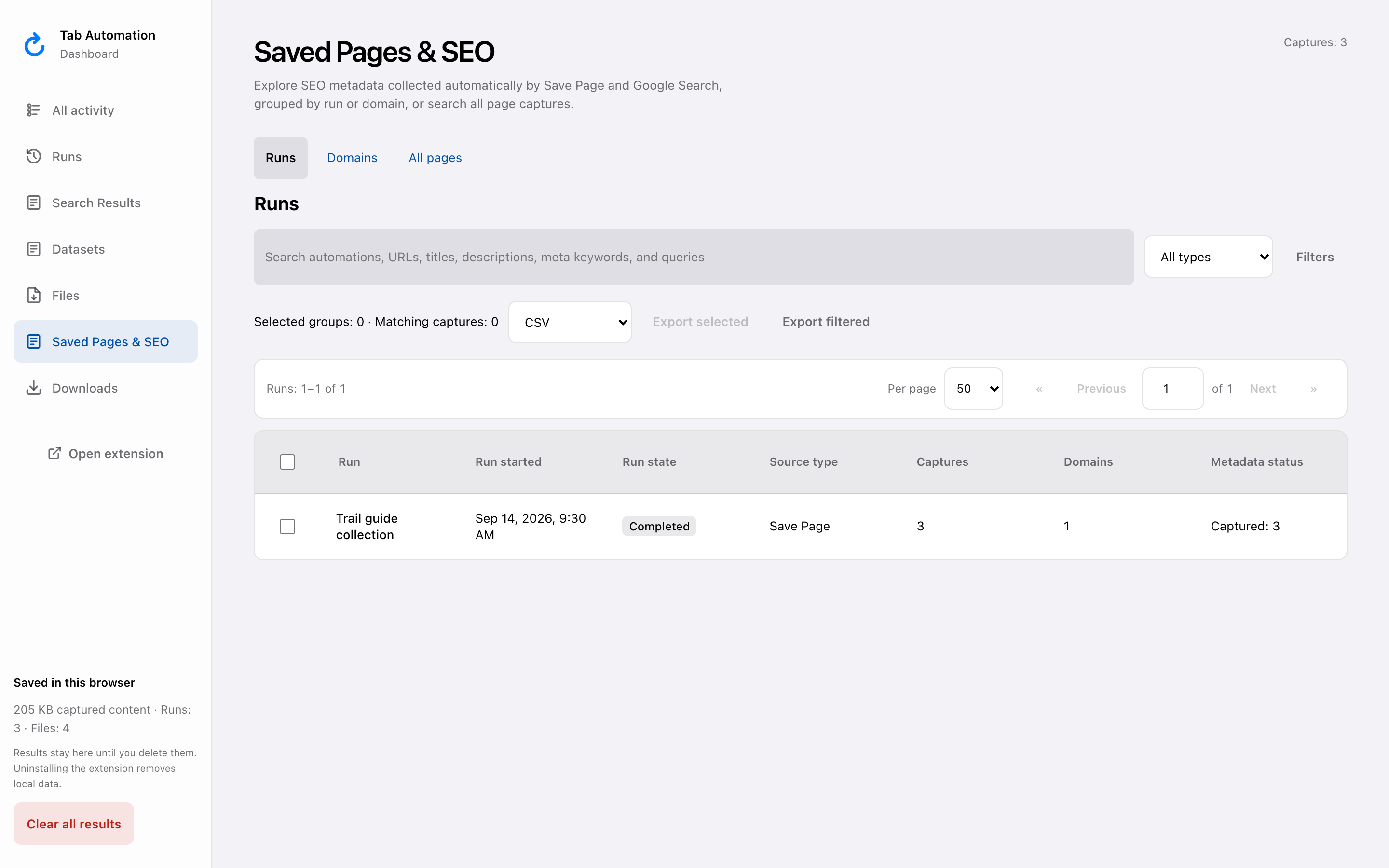 Saved Pages and SEO Runs overview showing the Trail guide collection and its capture counts.