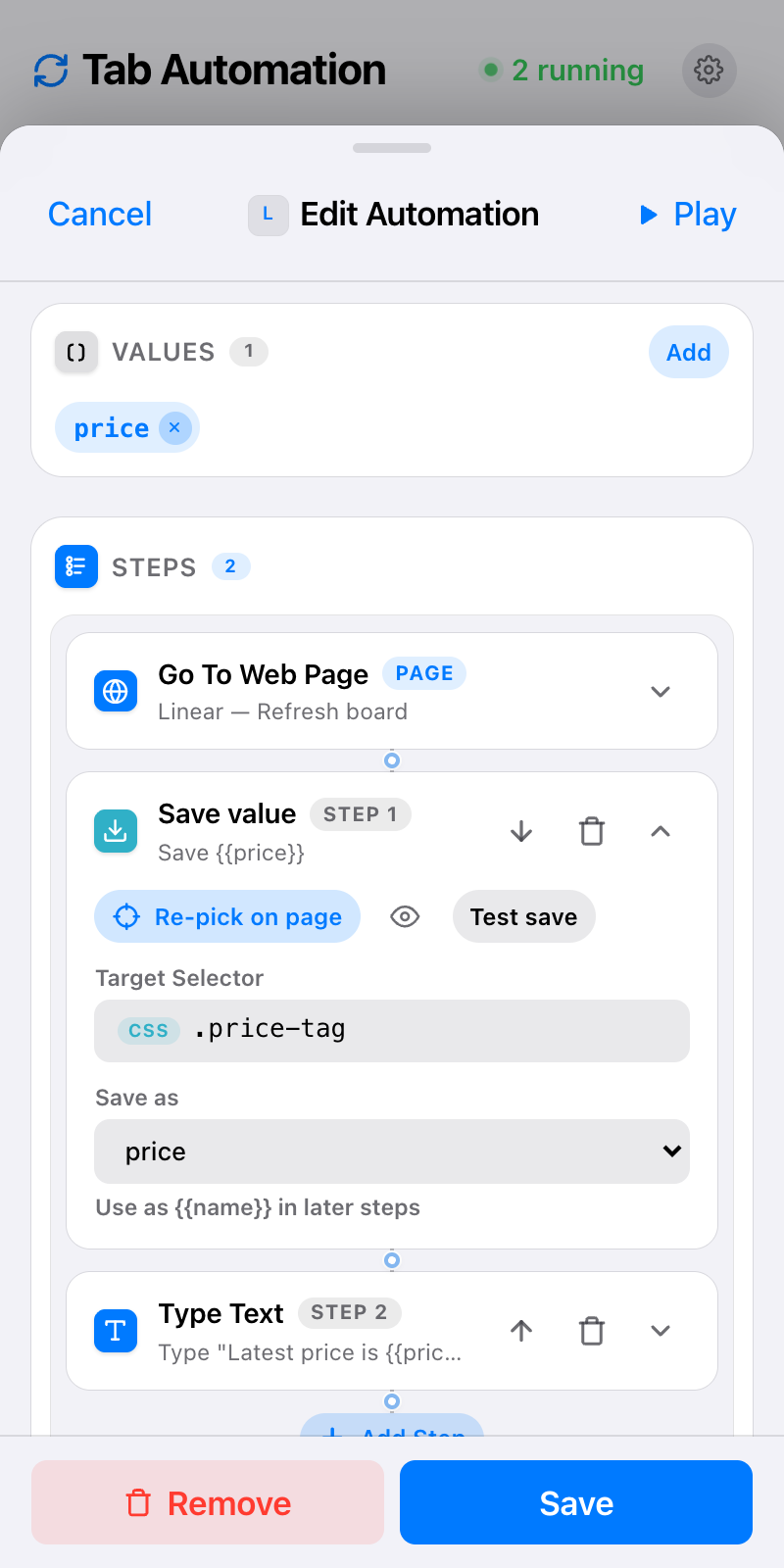 Edit Automation for Linear with a price Value, Save value on .price-tag, and Type Text using {{price}}.