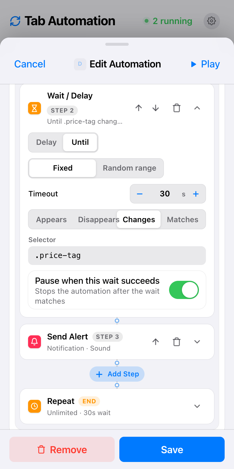 Edit Automation for Deploy status with Refresh Page, Wait Until on .price-tag, and Send Alert.