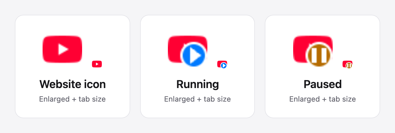YouTube's website icon beside the actual running icon with a blue play badge and paused icon with amber pause bars.
